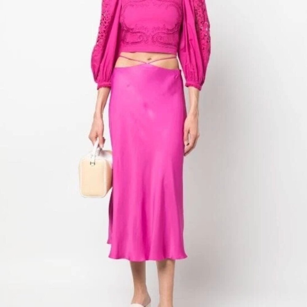 Farm Rio Tie Waist Pink Satin Skirt Tassel Size S Small Pink